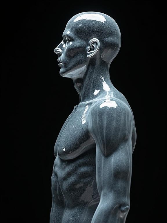 A side view of a muscular human figure made of worn out transparent plastic texture. The image features a black background to emphasize the form. The figure is detailed and has a stylized display of muscles.