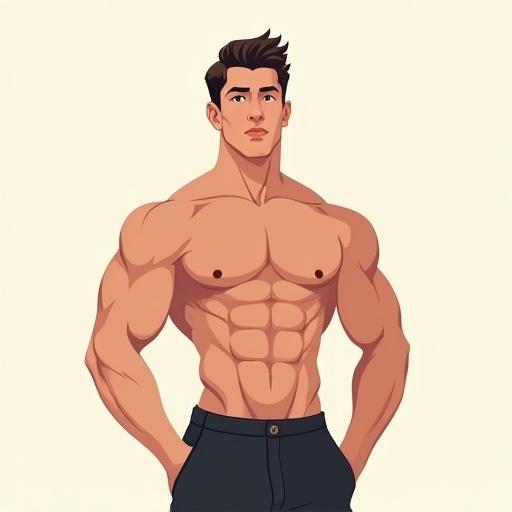 Illustration of a muscular male figure in 2D. Character stands relaxed showing well-defined physique. Strong jawline and styled hair give a modern touch. Minimalist background to enhance muscle focus. Character displayed without clothing.