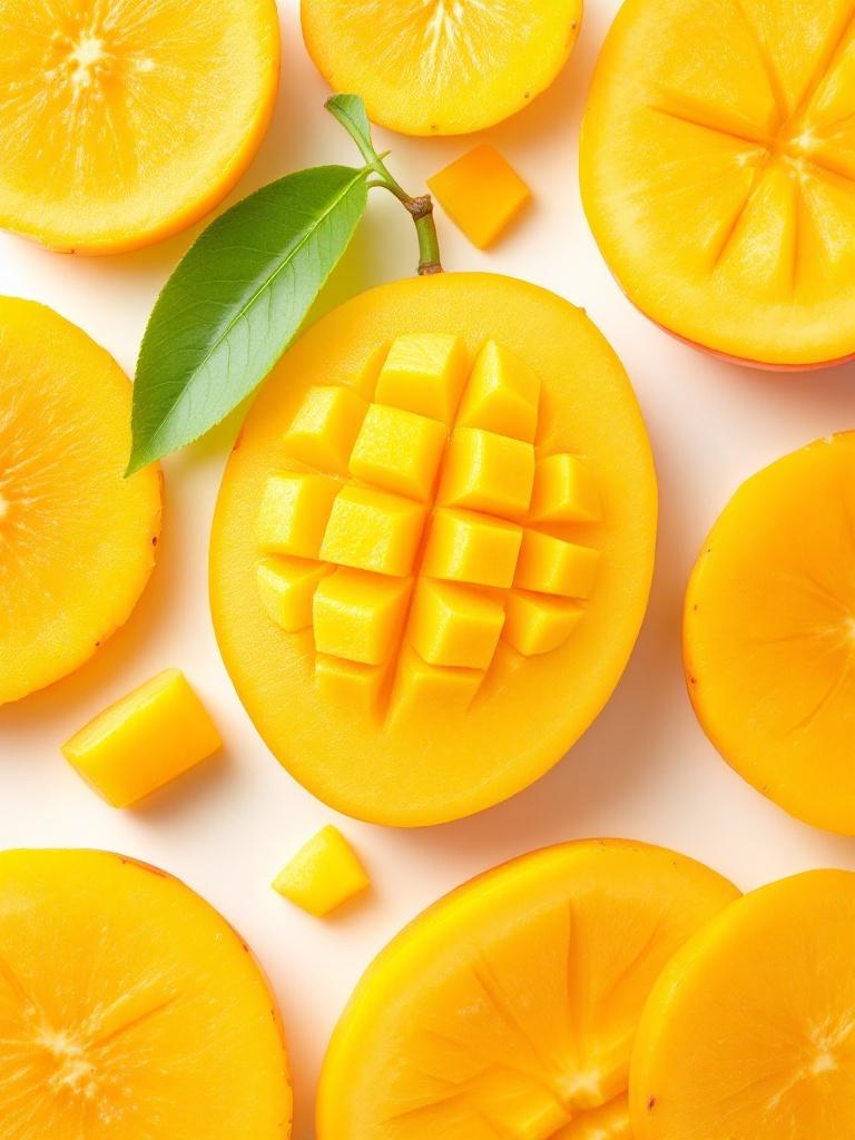 A ripe mango sliced in half with cubes cut from the flesh. Surrounding the mango are slices of mango and kumquats. The setting is a clean white background emphasizing the bright yellow color of the fruit.