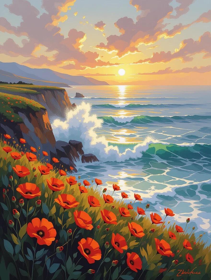 California Poppies grow on a cliff overlooking the ocean. The sunset casts a warm golden light across the waters. Large waves crash violently against the rocks. The scene is hyper-detailed with whitewater and luminous shadows. It captures a dynamic juxtaposition between the flowers and the ocean.