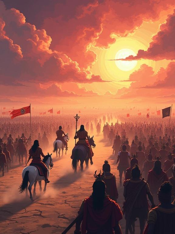 A grand 3D pixel art scene of Kurukshetra battlefield at the war's beginning. Two massive armies face each other across a dusty plain. Pandavas' army led by Arjuna stands ready with organized chariots, elephants, and warriors holding flags. Kauravas' army led by Duryodhana roars with drums, their flags fluttering. Arjuna on his chariot, drawn by white horses with Lord Krishna as charioteer. Dramatic sky with thunder clouds and red-orange lighting. Dust swirls, distant war horns echo, an aura suggests gods watching. Ground cracked, showing tension. Scene looks mythological, powerful, and emotionally charged in detailed 3D pixel style.