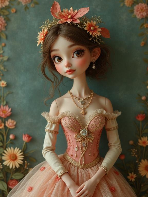 Portrait of a prima ballerina. She wears a bohemian style costume. The background features floral designs. The color scheme is soft and pastel. The lighting is gentle and warm.