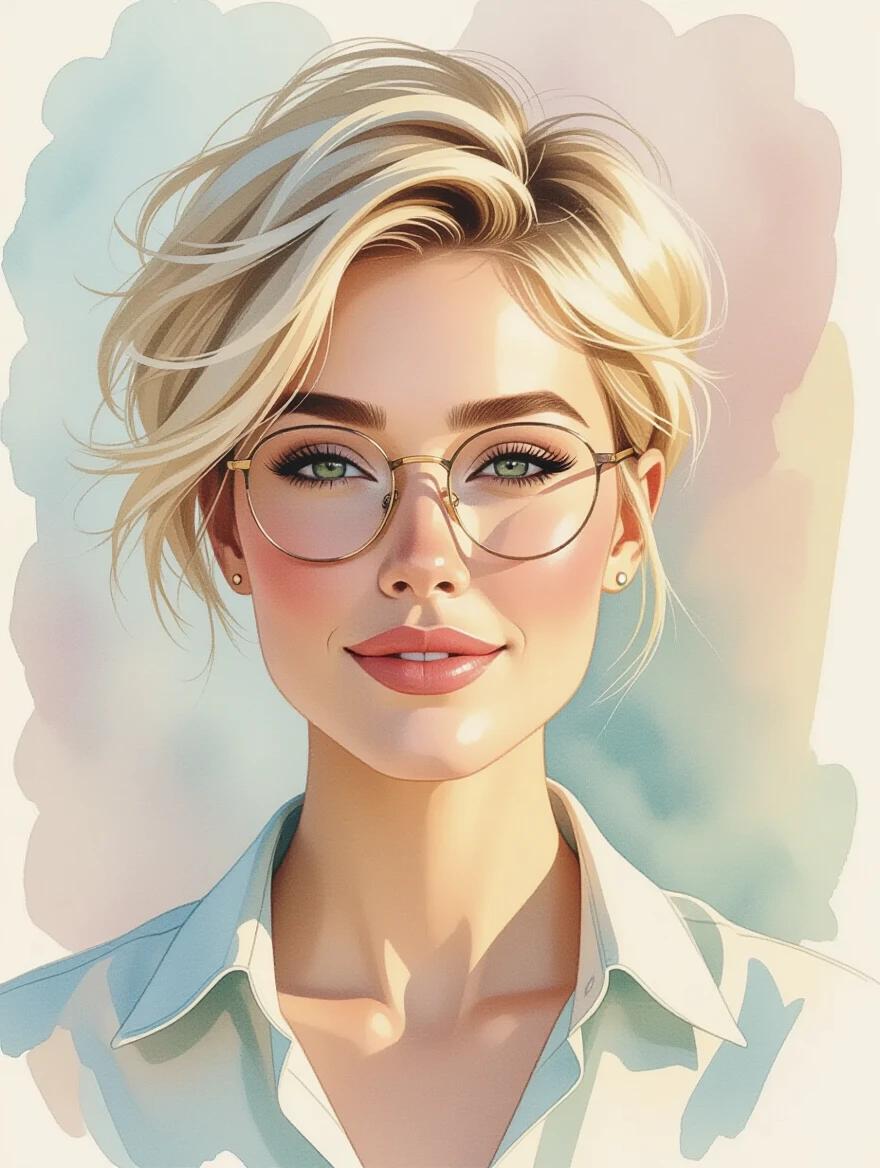 Watercolor sketch of a woman with rectangle glasses and short blonde hair. She smiles softly with green eyes. The background has soft pastel tones. The style reflects traditional portrait art with elegance and beauty.
