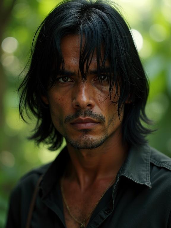 Portrait of a leader in a jungle setting. Rugged appearance with straight black hair and a serious expression. Surrounded by lush greenery with shaded sunlight.