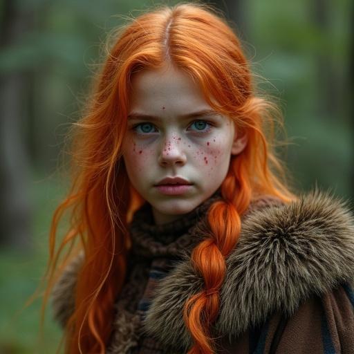 Image of a beautiful young Viking girl with striking red hair in a forest setting.