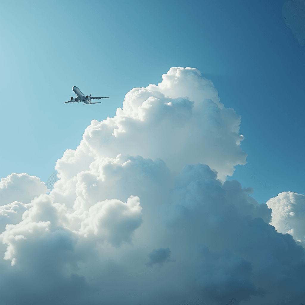 An airplane flying above a towering cumulus cloud against a clear blue sky.