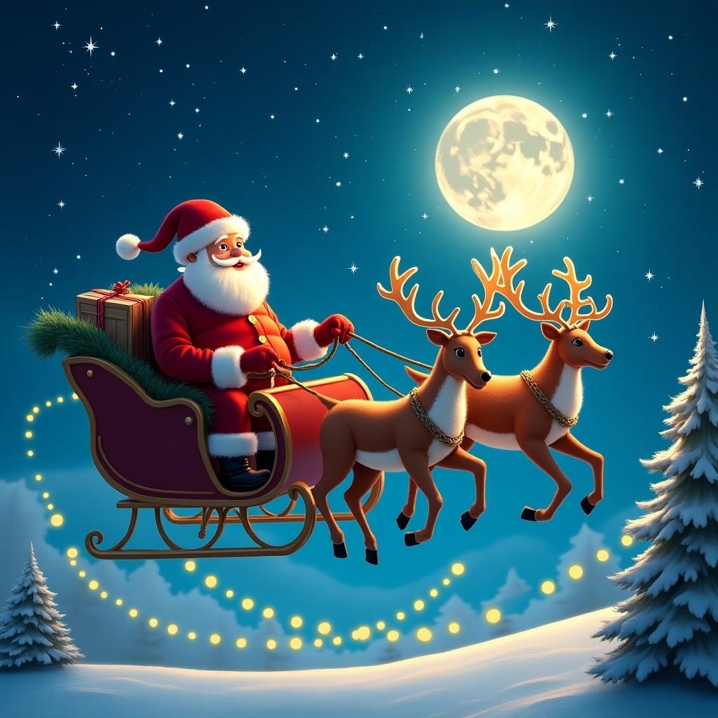 Father Christmas is flying in a sleigh. Reindeer pull the sleigh through a night sky. Magical winter scene with festive atmosphere. Writing sophia appears in the sky with lights.