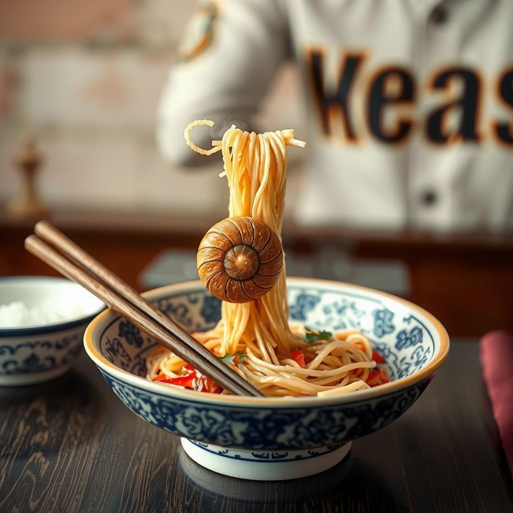 A bowl of noodles artistically styled with a snail shell garnish.