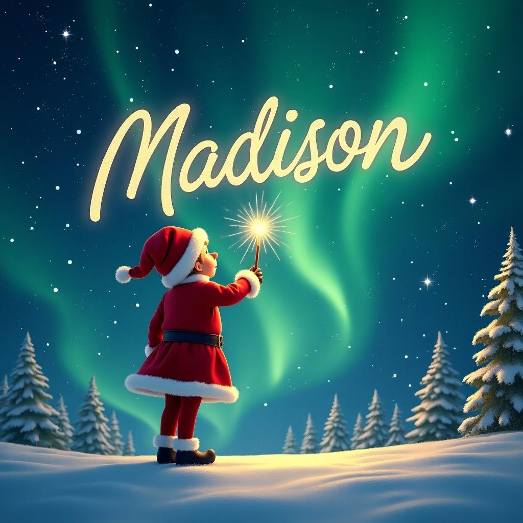 Elf in red suit looks up. Waving wand, writing 'Madison' in the sky. Magical Christmas scenery with northern lights behind. Snowy trees and Santa in the background.