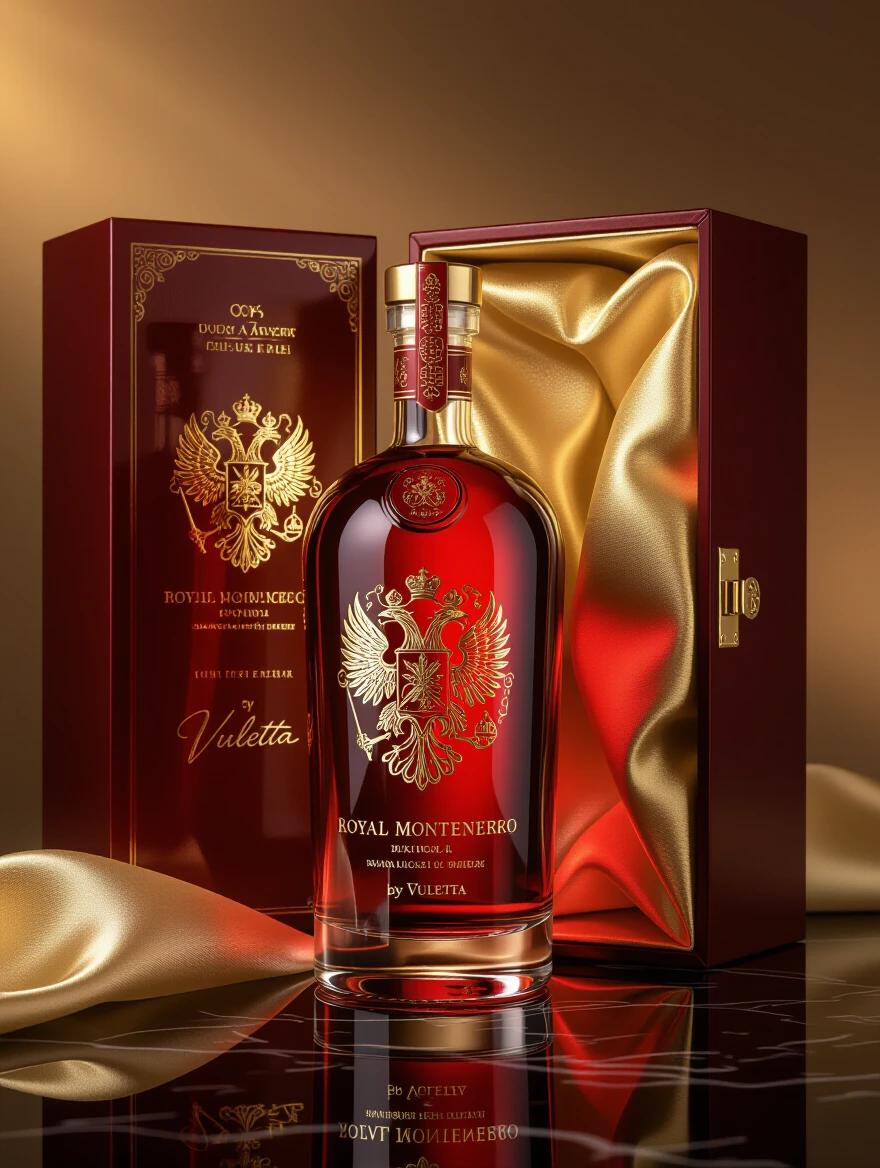 A hyper-realistic studio-quality product shot features an ultra-premium vodka bottle named Royal Montenegro. The bottle is glossy red with golden embossed details and fine typography. It sits on a reflective black marble surface with rim lighting. The box is dark deep red with gold foil accents and a satin gold interior. Elegant lighting emphasizes the color scheme, evoking exclusivity and Montenegrin heritage.