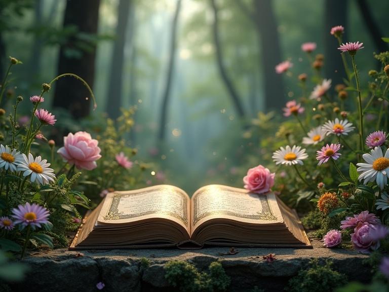 Hyperrealistic image of an open antique book with dark leather covers and gold details. Surrounded by flowers like daisies, alstroemerias, and eucalyptus. Background is an enchanted forest with soft light and a mystical atmosphere. Clear central space for integration.
