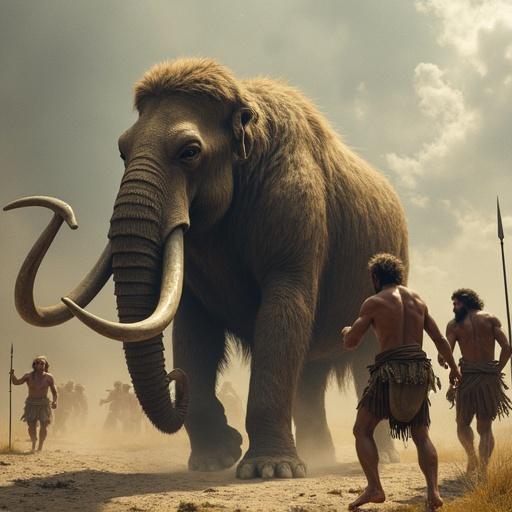 Neanderthals wearing leather clothes holding spears hunting a mammoth in a prehistoric setting