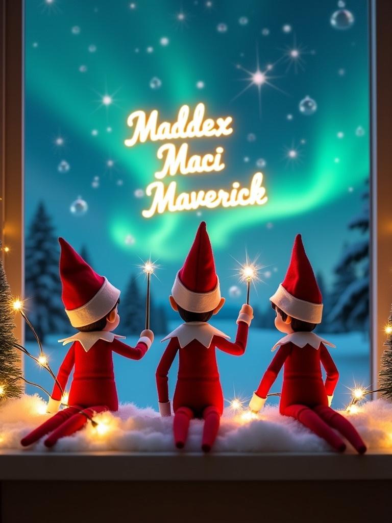 Enchanting Christmas scene with three elves facing the sky. Elves dressed in red and white holding wands writing names. Vibrant northern lights in the background. Soft twinkling lights create a whimsical atmosphere. Sense of wonder and excitement for the holiday season.