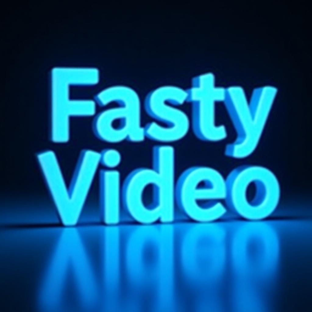 This image showcases the glowing text 'Fasty Video Transitions' represented in a translucent blue color. The letters are illuminated from within, creating a neon-like effect that stands out. The text appears to float above a surface, with a soft reflection visible underneath. This design conveys a modern and tech-savvy aesthetic, suitable for branding or promotional purposes. The combination of the light blue hue and the glowing effect makes it visually appealing and eye-catching.