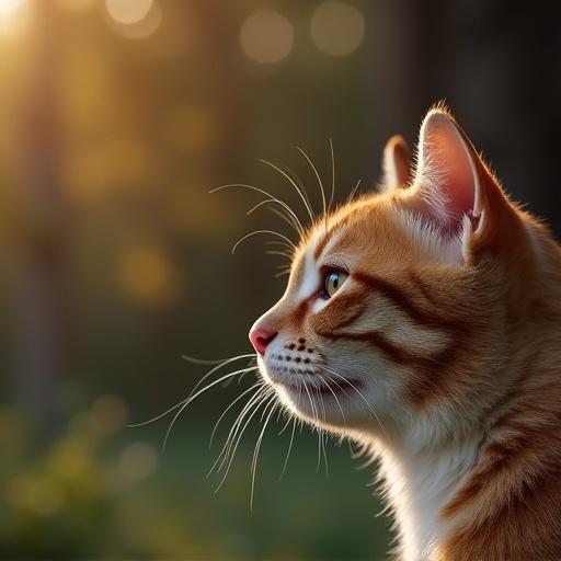 Close-up profile view of a ginger cat. Whiskers are visible. Background blurred with a warm glow. The cat's eye is focused on something. The setting is natural with soft light.