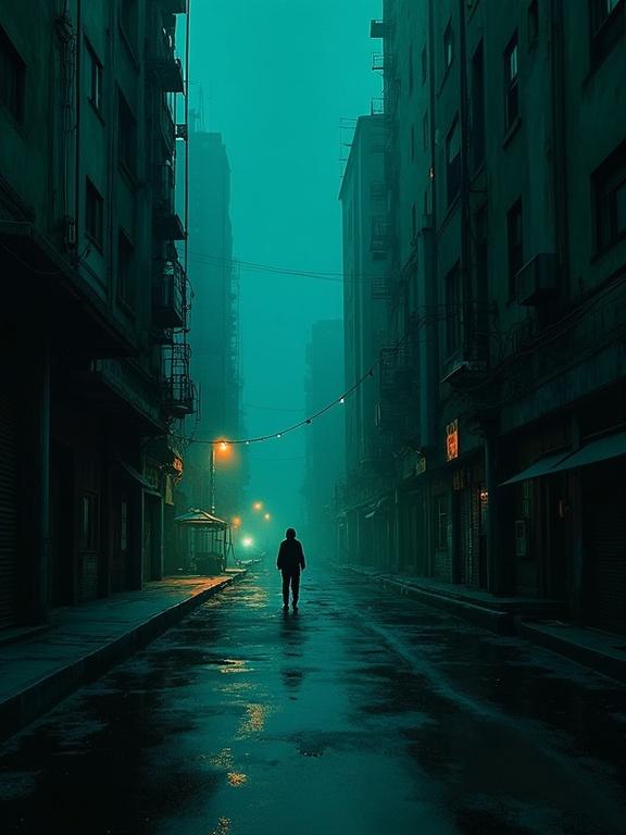 Digital oil painting with harsh paint strokes and a black background. Features film and glitch elements with flat colors. Silhouette design is unique and minimalist. Teal aqua theme captures a mature feel. Illustrates living architecture in a noir 70's setting.