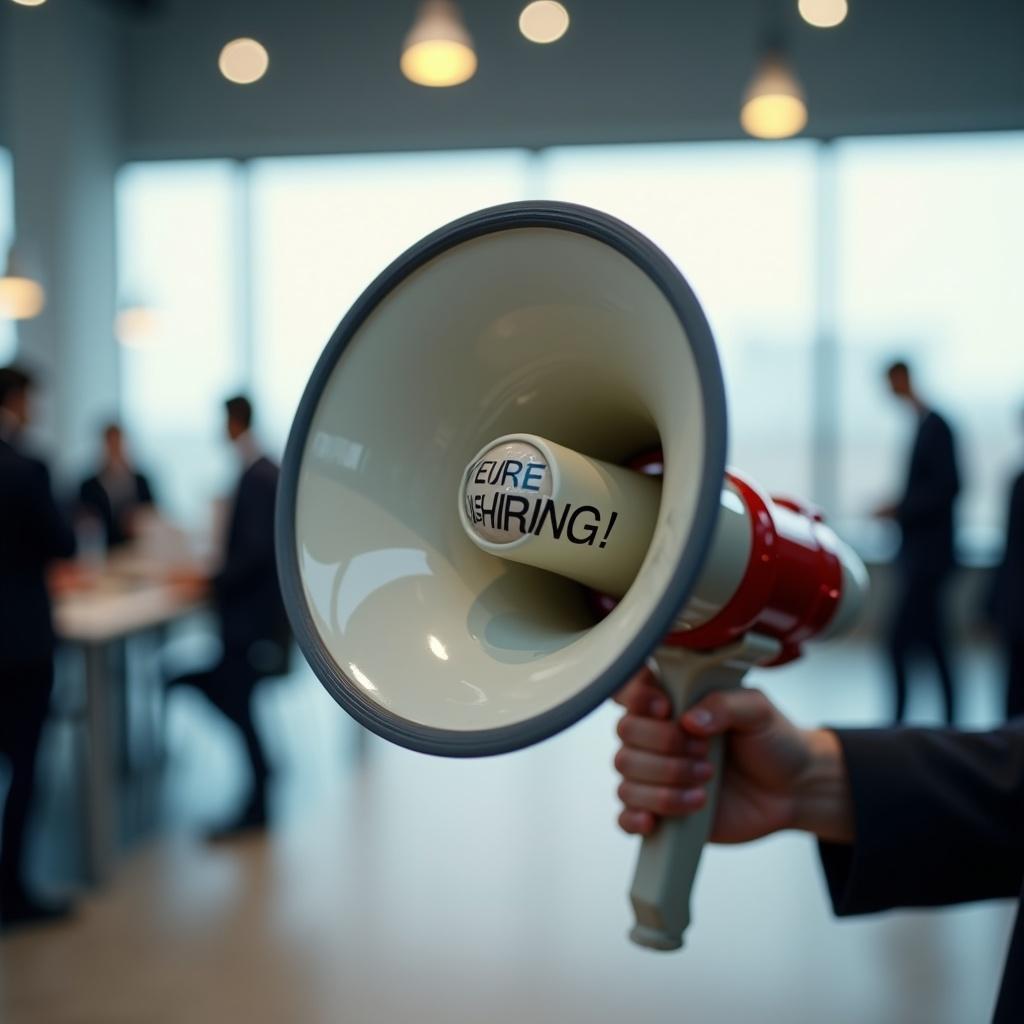 A professional stock photo features a glossy megaphone. The phrase 'WE ARE HIRING!' appears prominently. Blurred figures in business attire occupy the background in an office setting. Focus is sharp on the megaphone. Lighting is bright and welcoming.