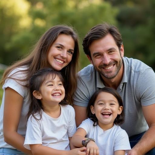 Family gathering in the USA. Five members smiling outdoors. Two daughters and one son with their parents. Scene set in San Francisco greenery. Happy and laughing expressions enhance the atmosphere.