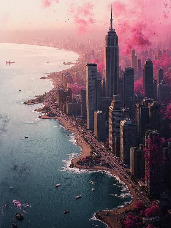 Birdseye view of a cityscape and seascape. Hyper-detailed image featuring black, white, pink, deep magenta, and gold. Fluid and transparent water with a city landscape.