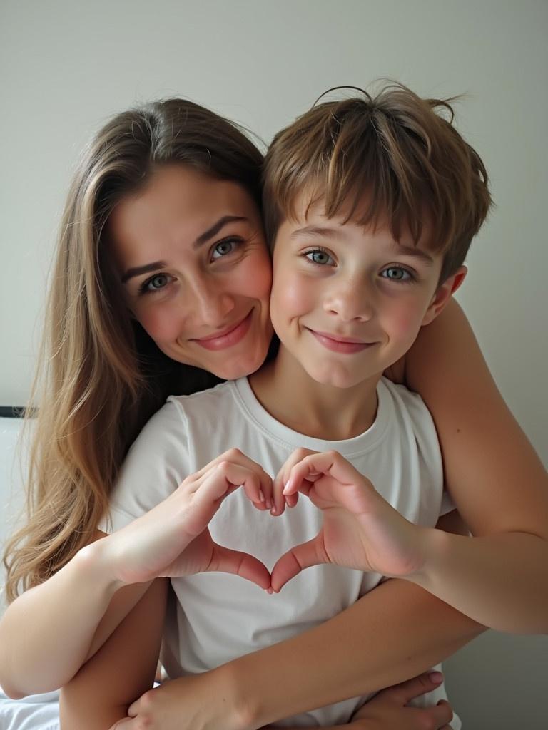 A woman hugs a boy while making a heart sign with her hands. The focus is on the heart shape made by her hands. Both subjects are embracing lovingly.