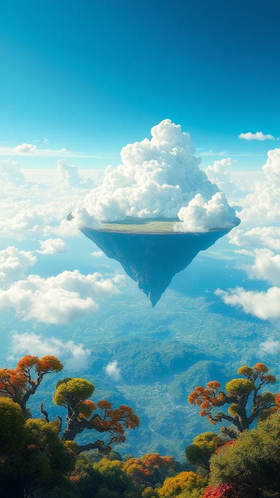 A fantastical floating island with lush greenery and a giant, fluffy cloud on top, hovering above a scenic landscape with colorful trees in the foreground.