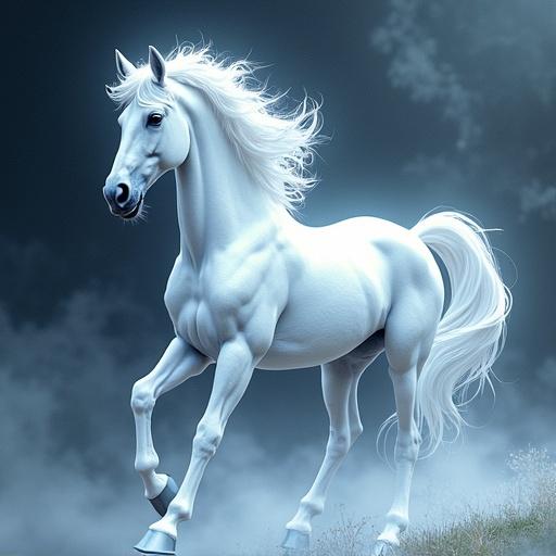 A white horse depicted in a holofractal style. The horse looks majestic with flowing mane and ethereal appearance against a mystical backdrop.