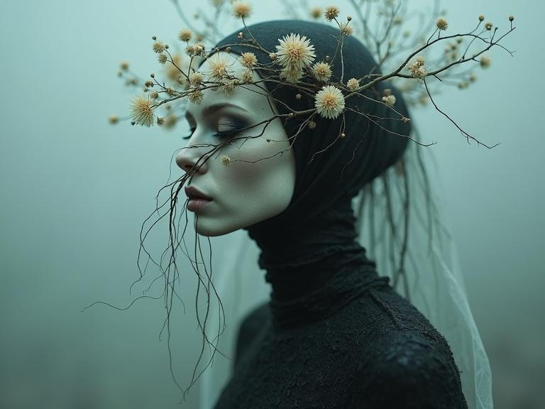 The image shows an ethereal figure with a pale face partially covered by a veil. The figure wears dried flowers and branches on the head. Background is a misty teal gradient. The attire is dark, blending with roots and vines.