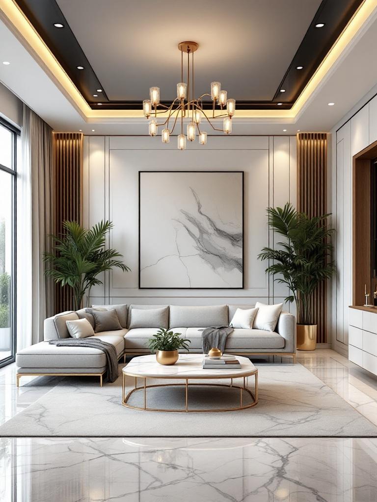 Contemporary living room designed with marble flooring. Features a light grey sofa and white marble coffee table with gold accents. Includes house plants and a modern gold chandelier with recessed lights in the ceiling.