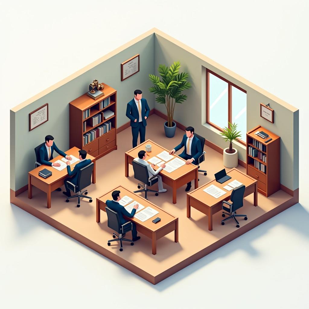 Isometric illustration showing a cross-section of a law firm office. Multiple desks present. Advocates discussing over documents. Includes bookshelves and plants.