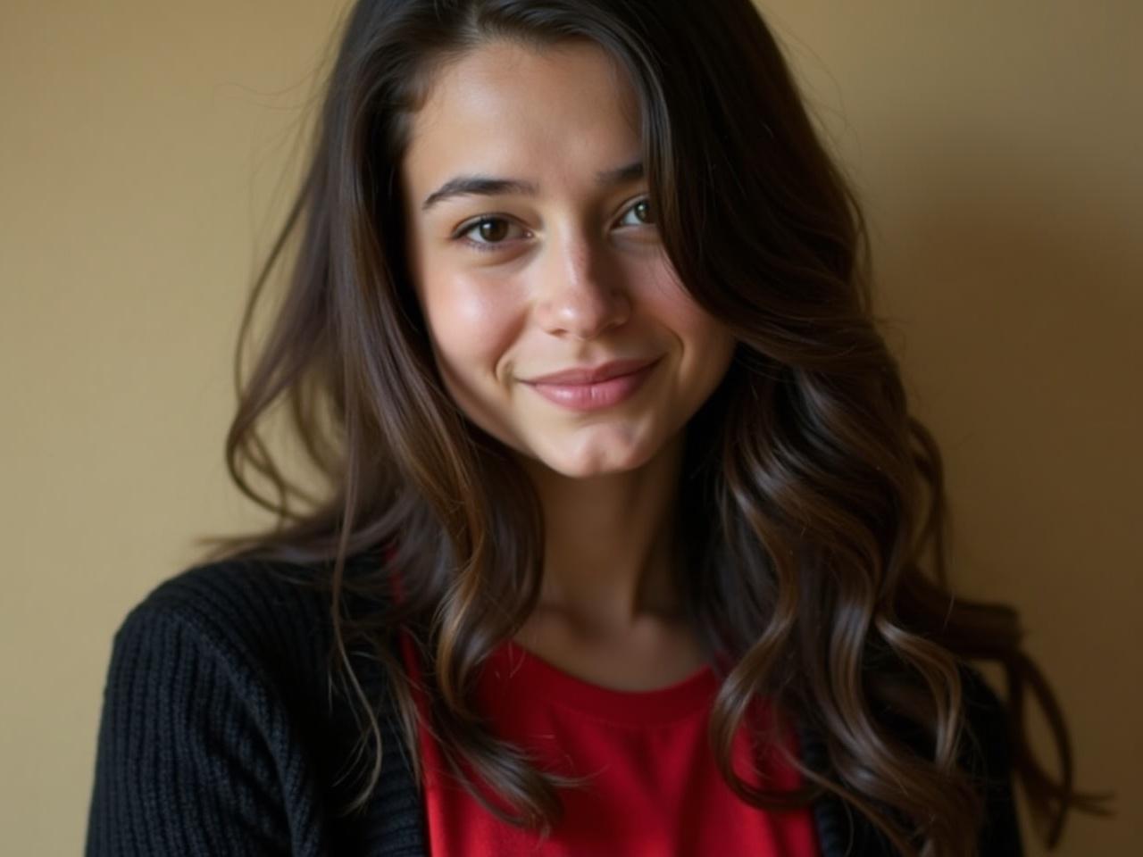 This image features a young woman with long, dark hair. She is wearing a red top under a black sweater. The background is softly blurred, creating a gentle and warm atmosphere. The lighting highlights her hair texture and the colors of her outfit. The pose is casual as she appears to be relaxed, with her hair partially covering her shoulder.