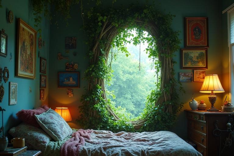 Bedroom with a messy look. A window framed with ivy leading to a mythical forest. Lamps illuminate the space softly.