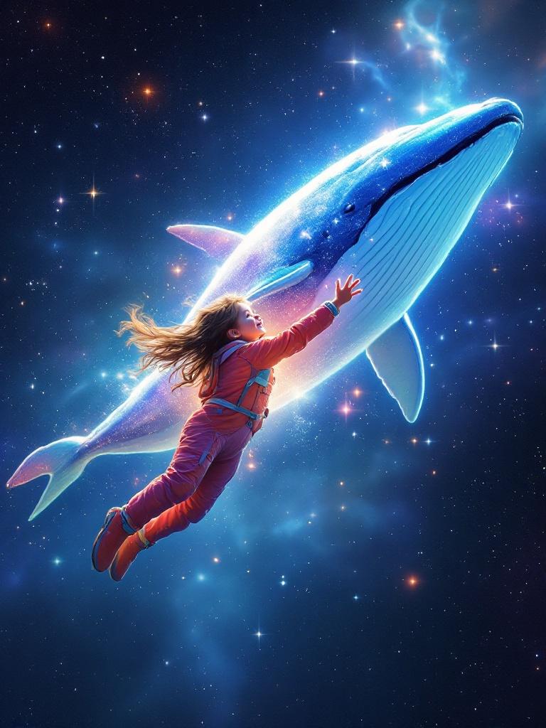 Scene of two joyful astronauts floating in space. A girl and a boy are wearing bright space suits. They reach for a giant whale swimming beside them. Stars and cosmic dust fill the background. Their expressions show delight and curiosity. The whale is ethereal and majestic in appearance.