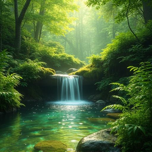 Serene spring in an enchanted forest with a waterfall. Green sunlight filters through the canopy. Pool reflects leaves' light. Magic energy motes rise. Atmosphere is peaceful and sacred. High-detail fantasy art with rich greens.