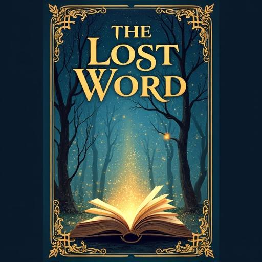 Design a cover for the book The Lost Word using a 2:3 dimension. Include a magical open book with glowing particles. Dark forest setting with blue and gold tones. Use suitable fonts that capture a nostalgic feel.