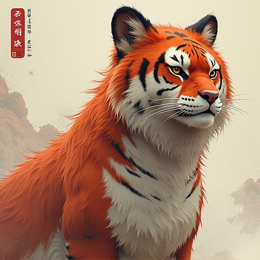 A stylized depiction of a tiger in a dynamic pose. The tiger has striking orange fur with black stripes. Intense gaze directed at the viewer. Soft, diffused lighting enhances the fur texture. Captivating and vibrant colors are used.