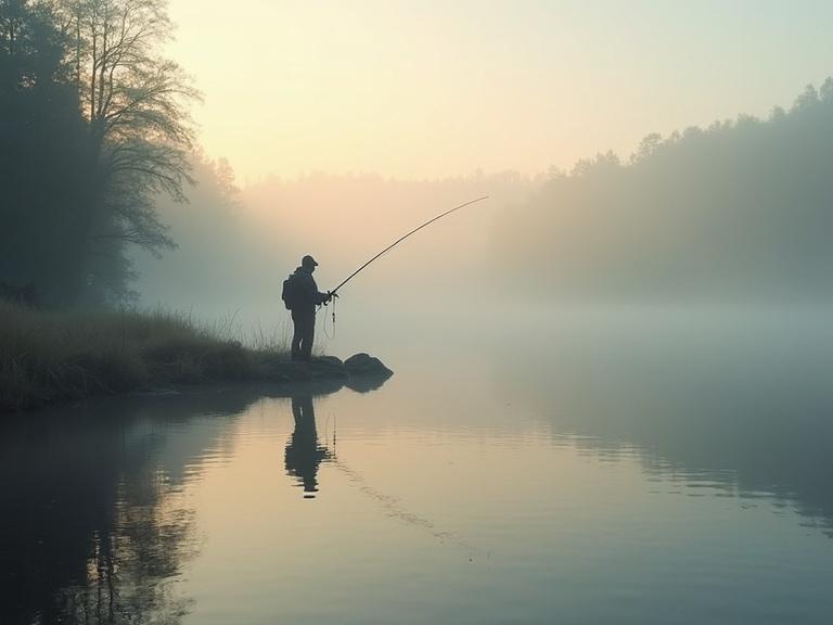 An old man is fishing by a lake during early morning. Mist covers the water. The atmosphere is calm and serene with natural colors surrounding the scene.