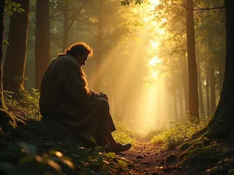 Enoch sitting in a forest. Divine light shining down to dispel his doubts. Realistic style with soft golden light. 9:16 aspect ratio.
