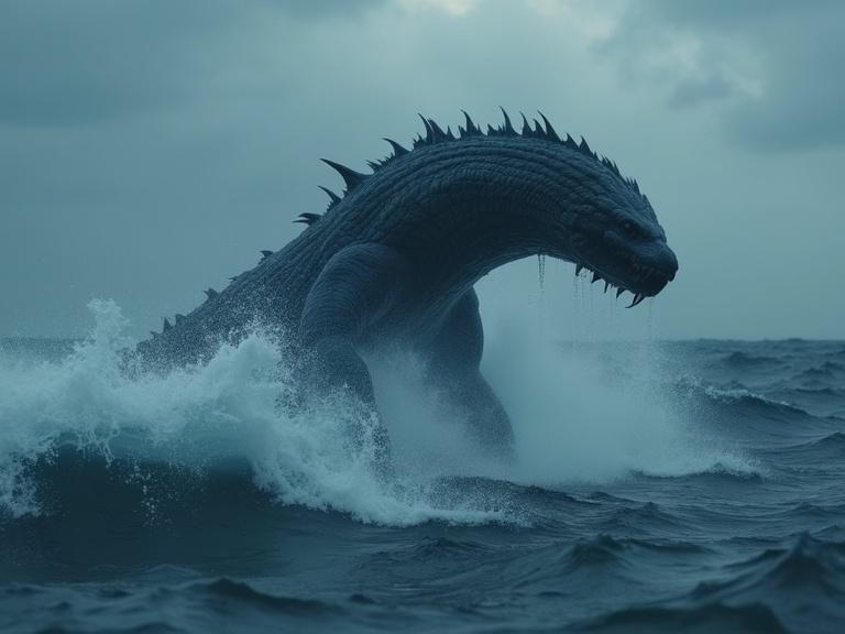 Cinematic image of a gigantic sea monster rising from the ocean. Close-up view showcasing its dark blue texture. Huge waves and mist surround it. Stormy skies create a dramatic atmosphere.