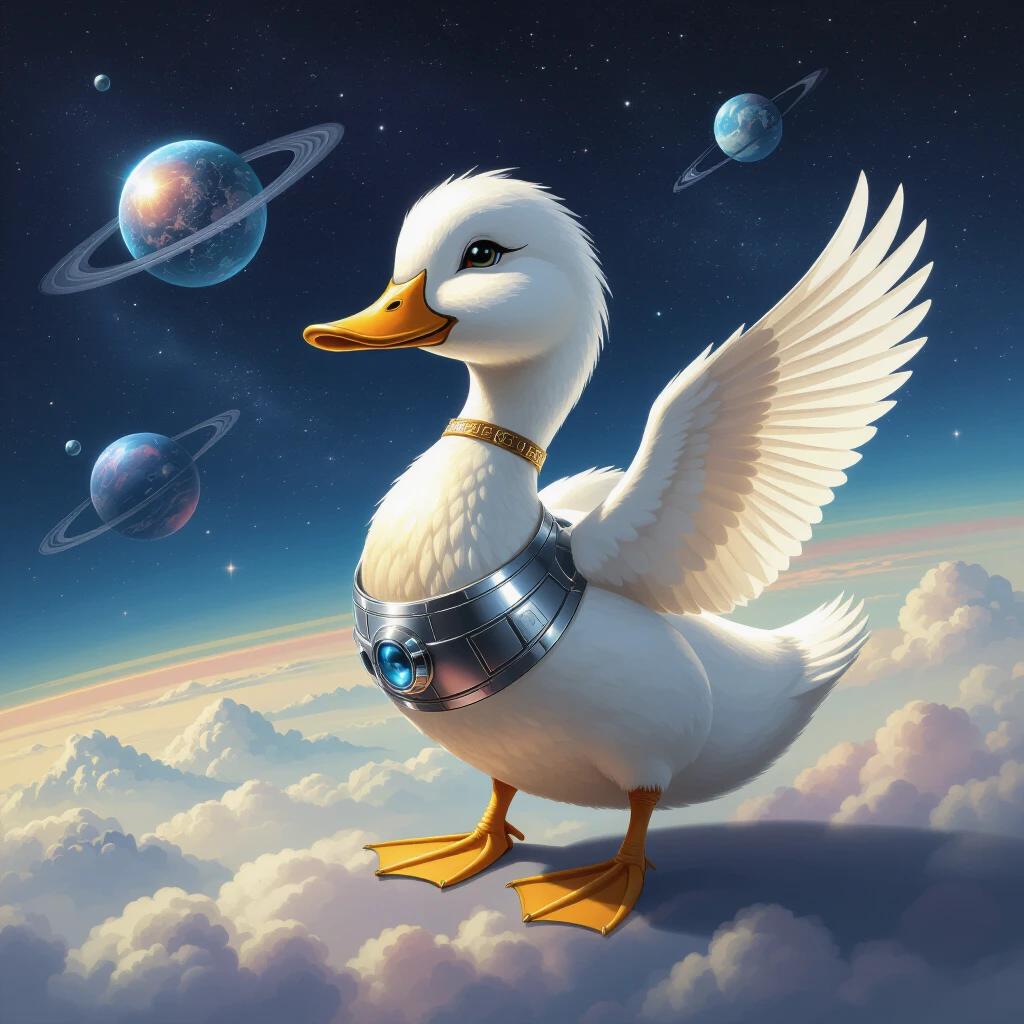 A duck with wings in space. The duck wears a futuristic collar. Background features planets and clouds. Bright colors dominate the scene.