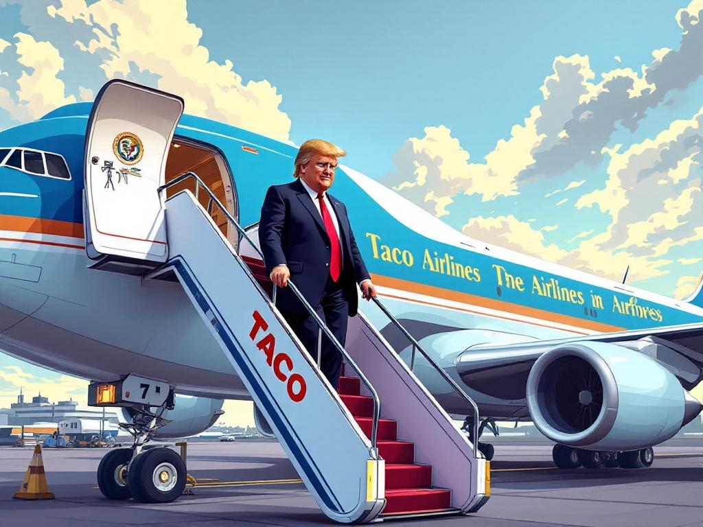 A cartoon of Donald Trump walking down the stairs of an airplane. The airplane has 'Taco Airlines' written on the side. The background features Schiphol airport in Amsterdam. The artwork is in the style of Tom Toles.