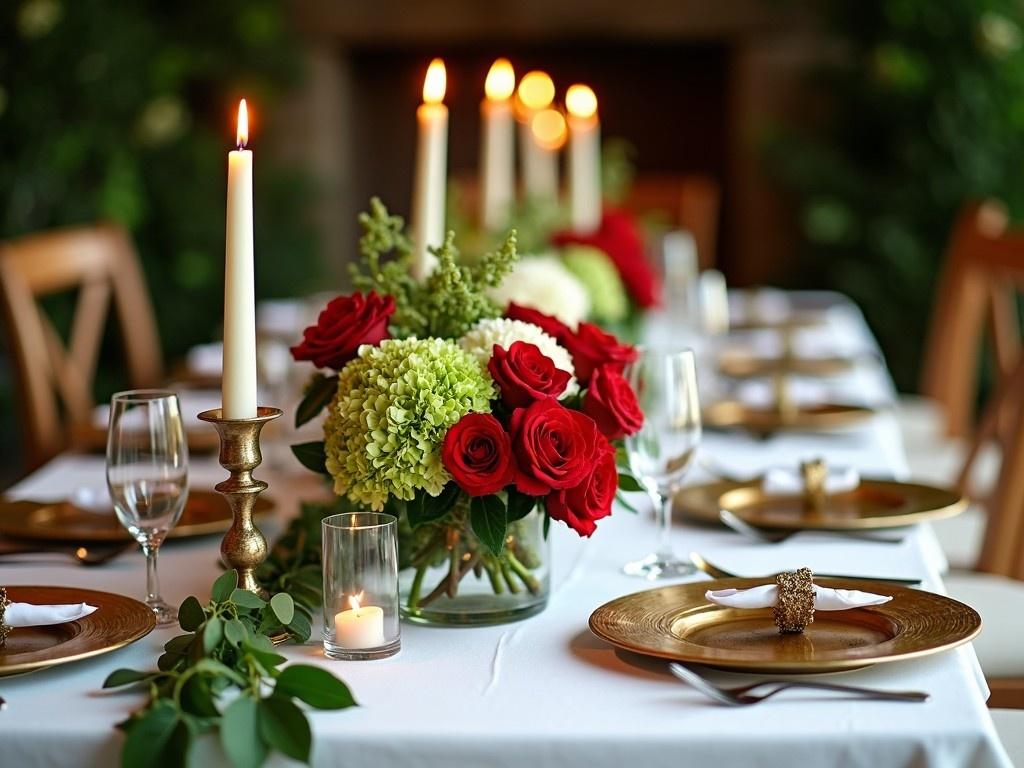 The image features a beautifully set rectangular dining table perfect for an elegant dinner. The table is adorned with a white table cloth and lush greenery, enhancing the natural aesthetic. Vibrant antique green and white hydrangeas, red roses, and red carnations are arranged in small bases, adding a pop of color. Each place setting includes gold plates that complement the floral arrangements. Warm candlelight from long candles creates a soft, inviting glow, making it ideal for intimate gatherings.