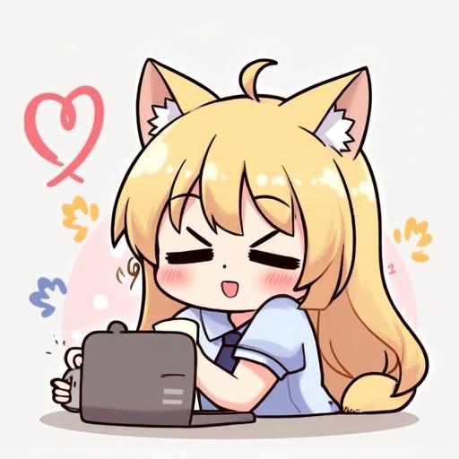 Anime-inspired cat-girl character with long blond hair in a playful setting using a laptop. Soft colors and cute expression create a whimsical mood.