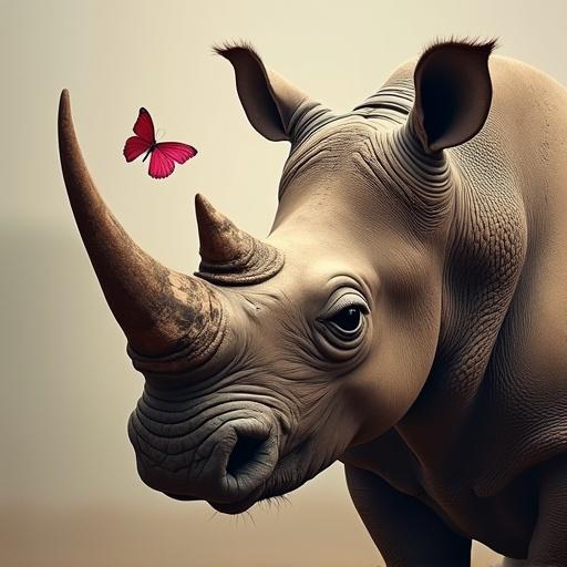 Surreal painting depicting a rhinoceros with a butterfly symbolizing its heart. Butterfly is vibrant and prominent positioned near the thoracic area of the rhino. The setting invokes an imaginative scene blending nature and fantasy elements.