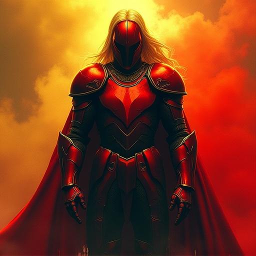 Knight figure with long hair in vibrant armor. Imposing stance against a dramatic background.