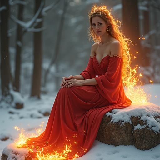 Mature female fire spirit seated on a snow-covered rock. Graceful posture with flowing robe in platinum and crimson. Edges of robe glow like embers. Long golden hair flows like fire. Wears a golden tiara and intricate jewelry. Surrounded by a vivid aura of flame. Calm expression radiating warmth. Snow-covered forest in the background.