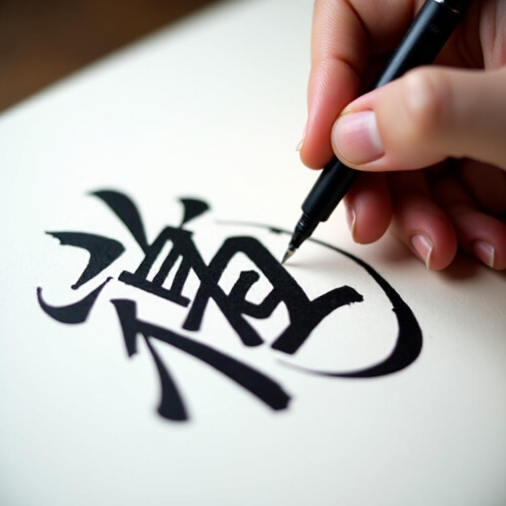 Close view of a hand holding a pen writing Japanese calligraphy on white paper. Bold black ink used in the design. Surrounding elements enhance the main calligraphy. Soft light highlights the strokes of the letters.