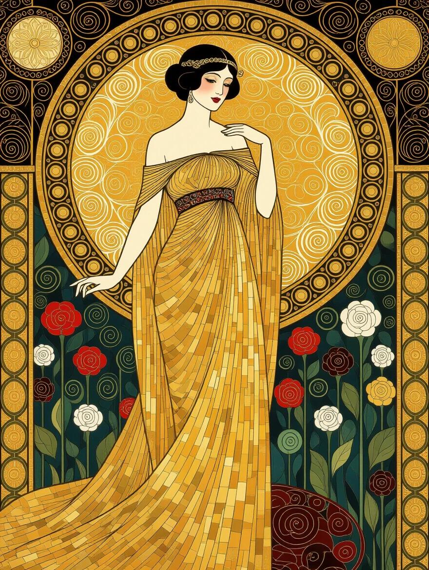 Standing female figure wears flowing golden gown. Gown features intricate mosaic detail. Surroundings include abstract ornamental motifs and surreal floral patterns. The figure appears elegant and poised. Style inspired by Gustav Klimt. Soft lighting enhances the ethereal atmosphere.