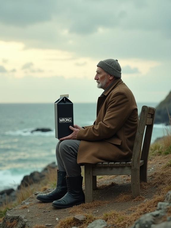An old man sits alone on a worn wooden bench. Rocky seaside cliff in the background. He wears a faded brown overcoat and a knitted wool cap. Heavy boots covered in dry sand. In his hands, an open black milk carton with the word 'WRONG' printed in white. He gazes at the sea, lost in thought. The sky is overcast with soft golden light. The ocean is calm. Sparse grass bends in the wind. The mood is contemplative and cinematic.