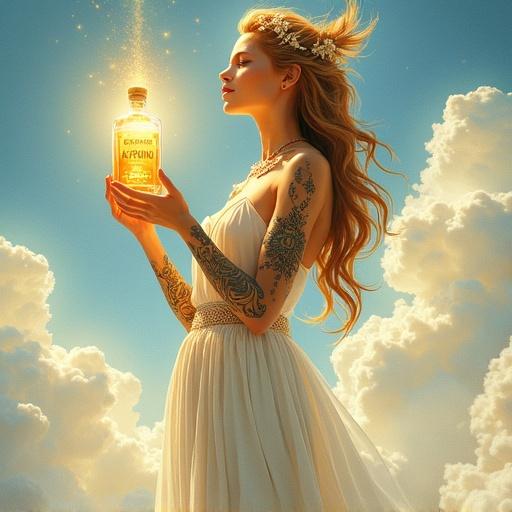 Goddess with tattoos stands on a cloud holding a glowing apothecary bottle labeled ALFRUNO. Scene has soft light and tranquility with a watercolor style.