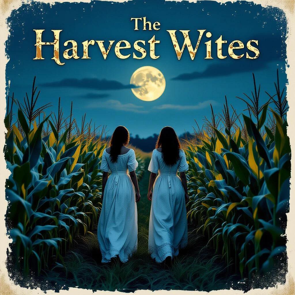 Movie poster for The Harvest Wives. Title in Corn-husk serif. Faded embroidery edges. Two women in white dresses walk through cornfields. Backlit by a harvest moon. High contrast with shadowy corn stalks. Eerie Americana vibe.